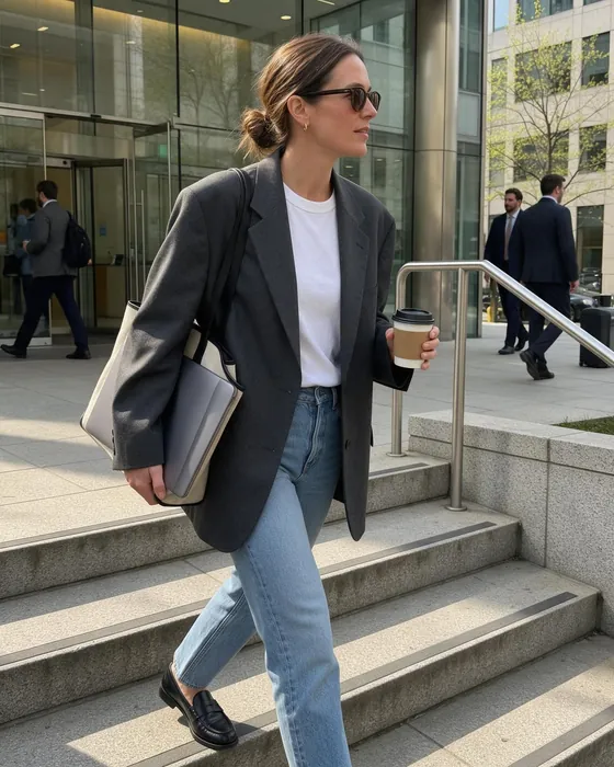 Charcoal blazer and jeans on office steps