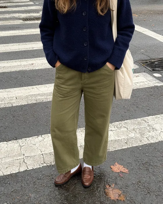 Navy cardigan, olive trousers and loafers on a crossing