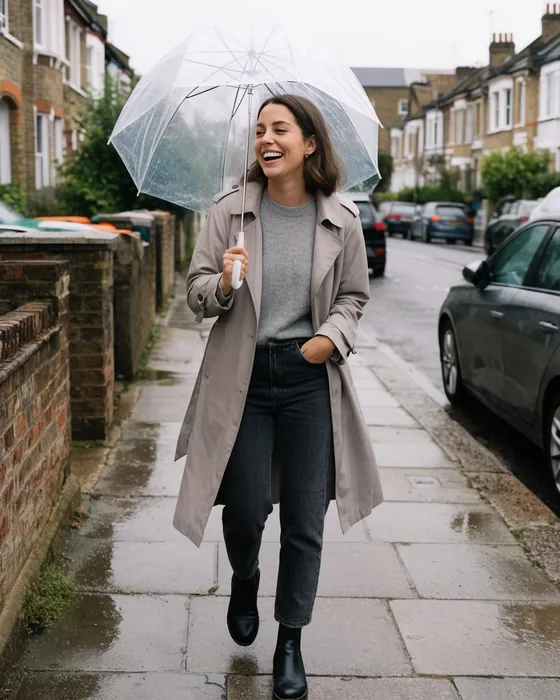 Trench coat and Chelsea boots under a clear umbrella