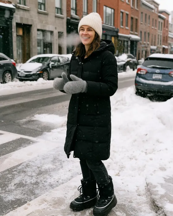 Long down coat, beanie and snow boots