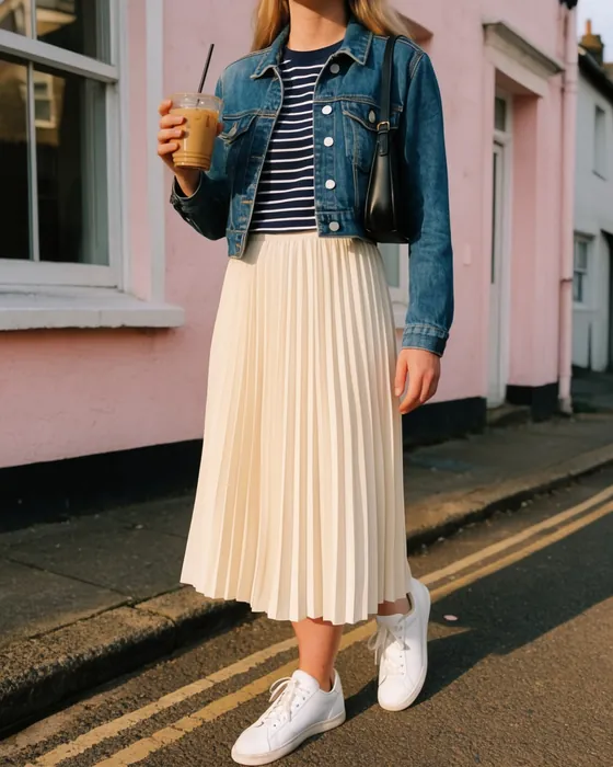 Denim jacket, striped t-shirt and a pleated skirt