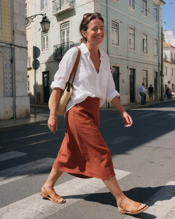White linen shirt and a rust midi skirt on a sunny street