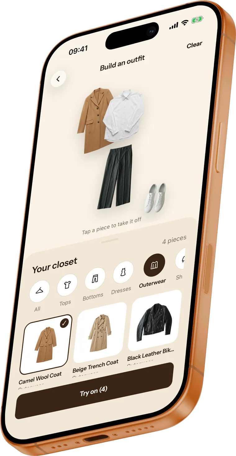 Build an outfit screen: a coat, a shirt, trousers and sneakers picked from the closet
